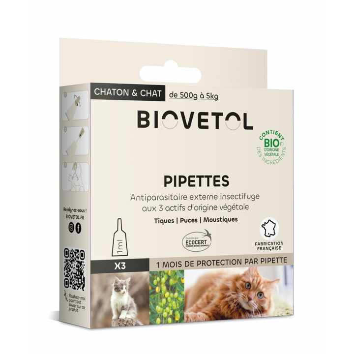 Pipettes pour chat ou chaton BIOVETOL : 3 x 1ml