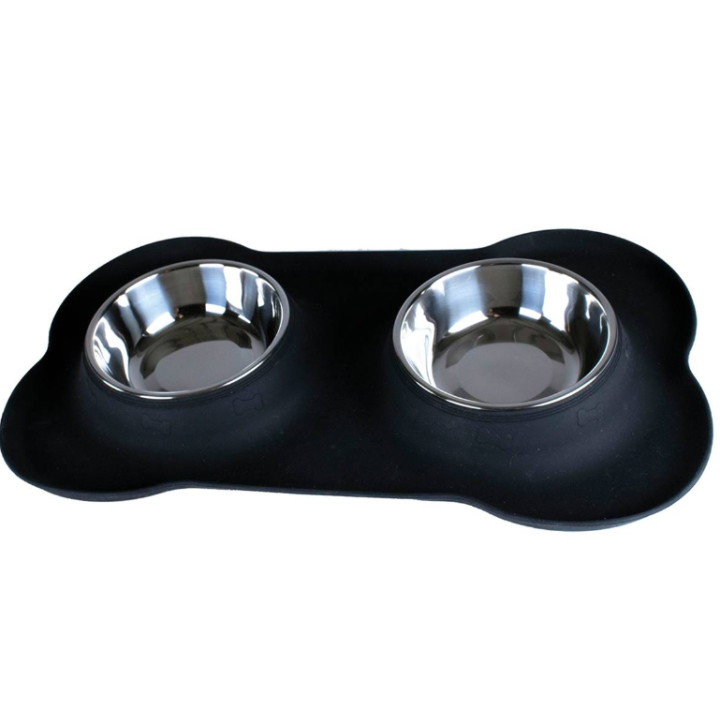 Porte-gamelles antidérapant en silicone avec deux gamelles inox.