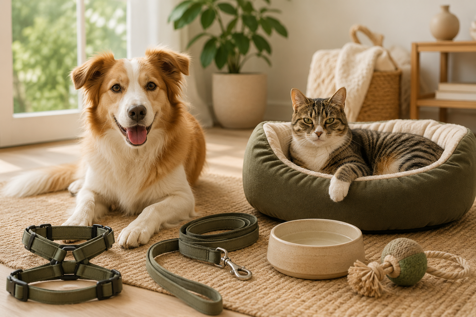 Chien et chat dans un intérieur cosy avec harnais, laisse, panier, gamelle et jouet
