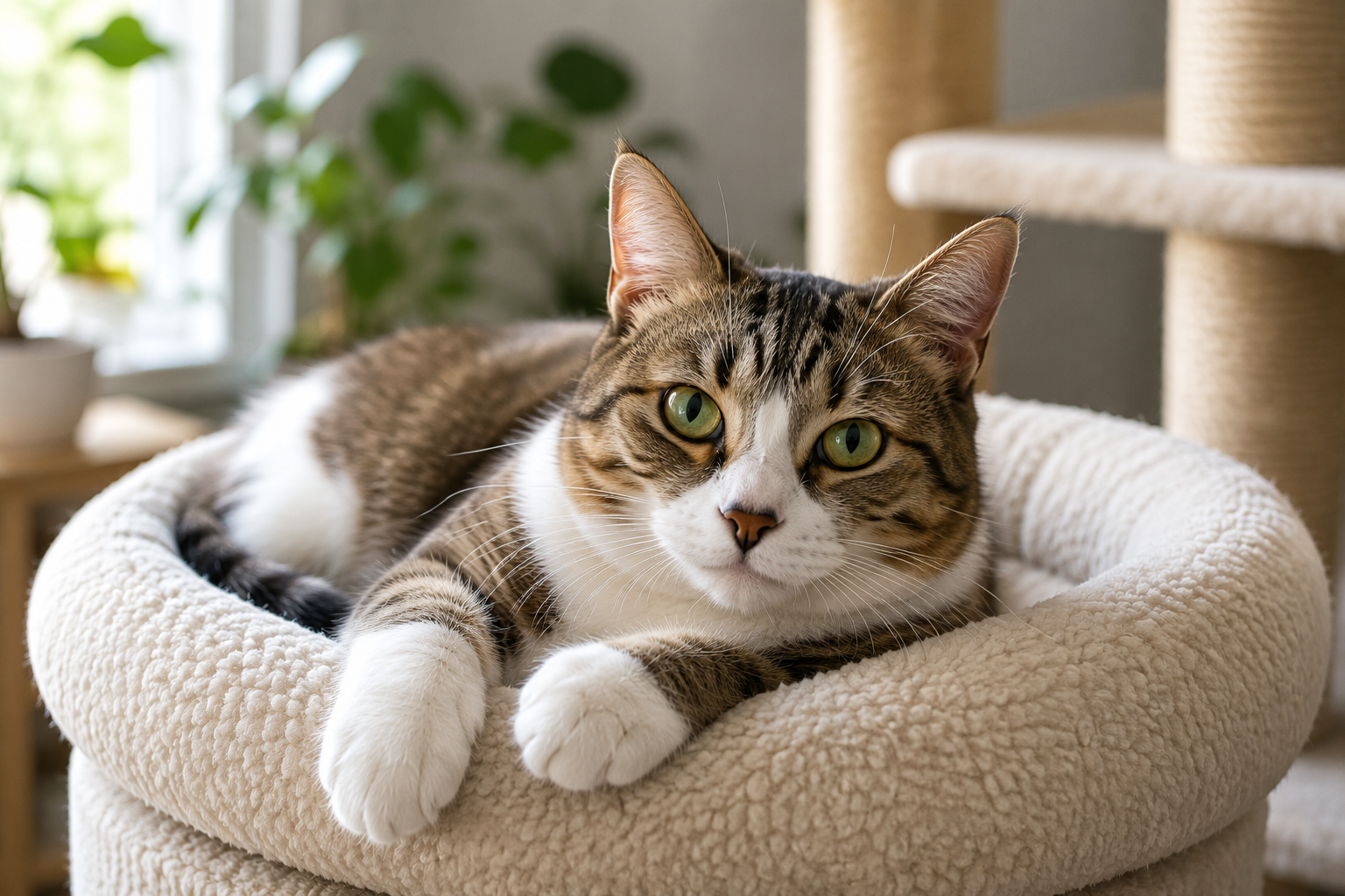 Chat détendu dans un panier douillet à la maison